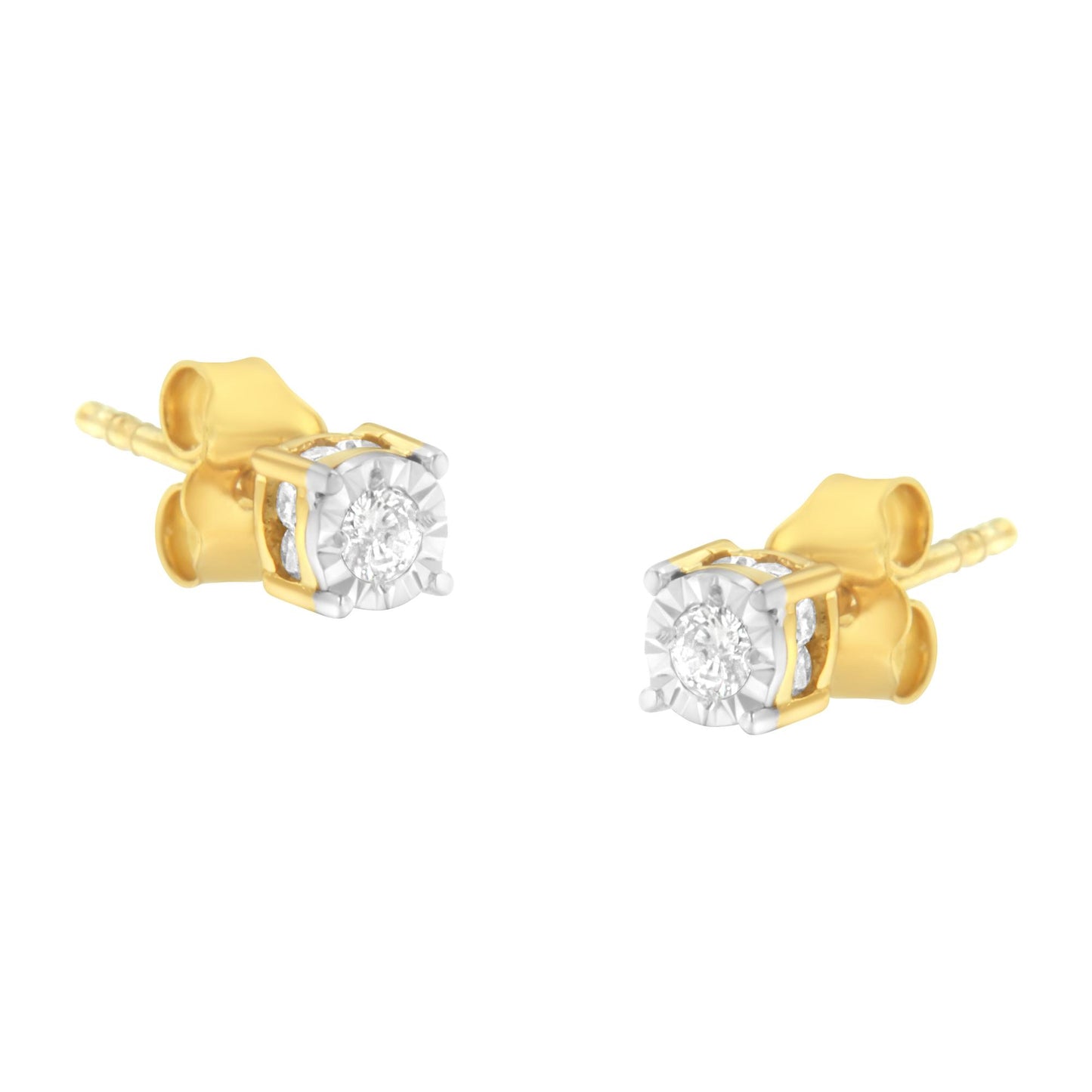 Close-up angle of a pair of yellow metal stud earrings with round white gemstones set in a miracle setting.