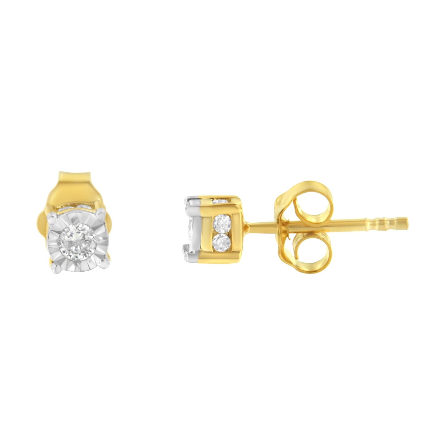 Front and side views of a yellow metal stud earring with round white gemstones in a miracle setting.