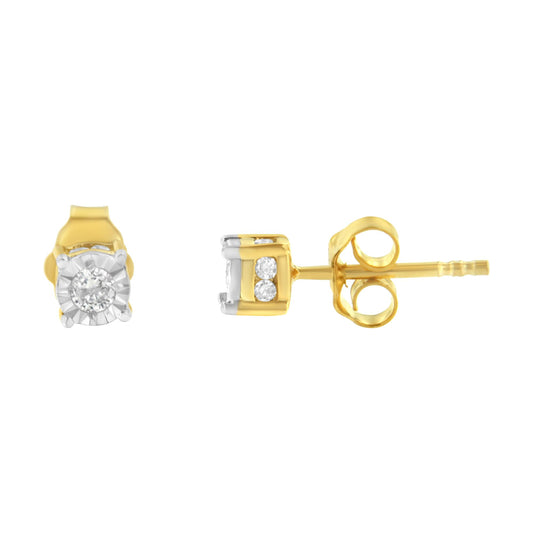 Front and side views of a yellow metal stud earring with round white gemstones in a miracle setting.