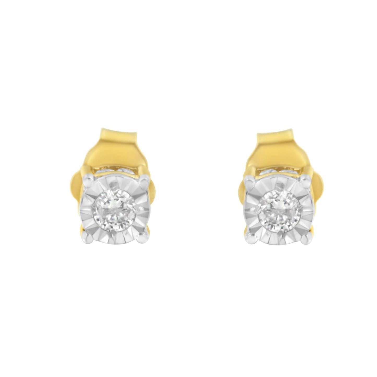Front-facing view of yellow metal stud earrings featuring round white gemstones in miracle settings.