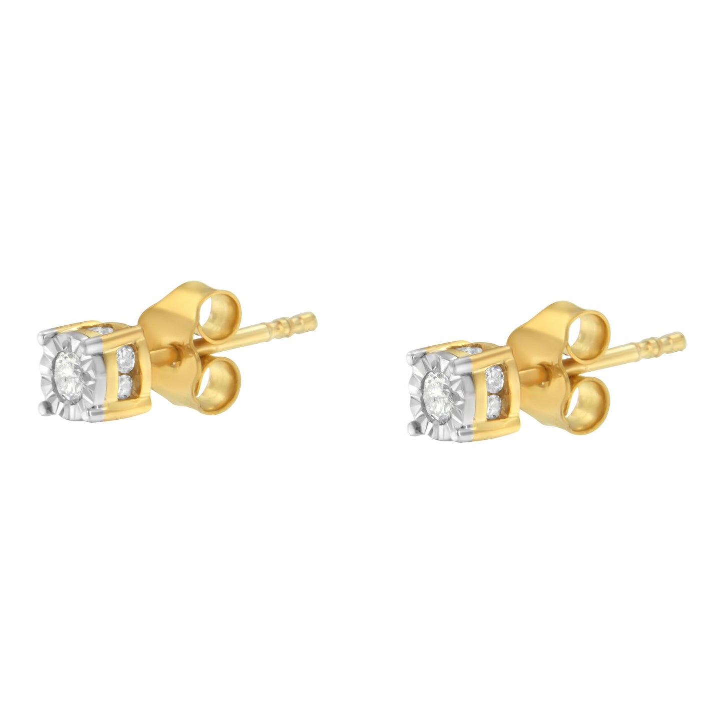 Pair of yellow metal stud earrings with round white gemstones in a miracle setting, shown from a side angle.