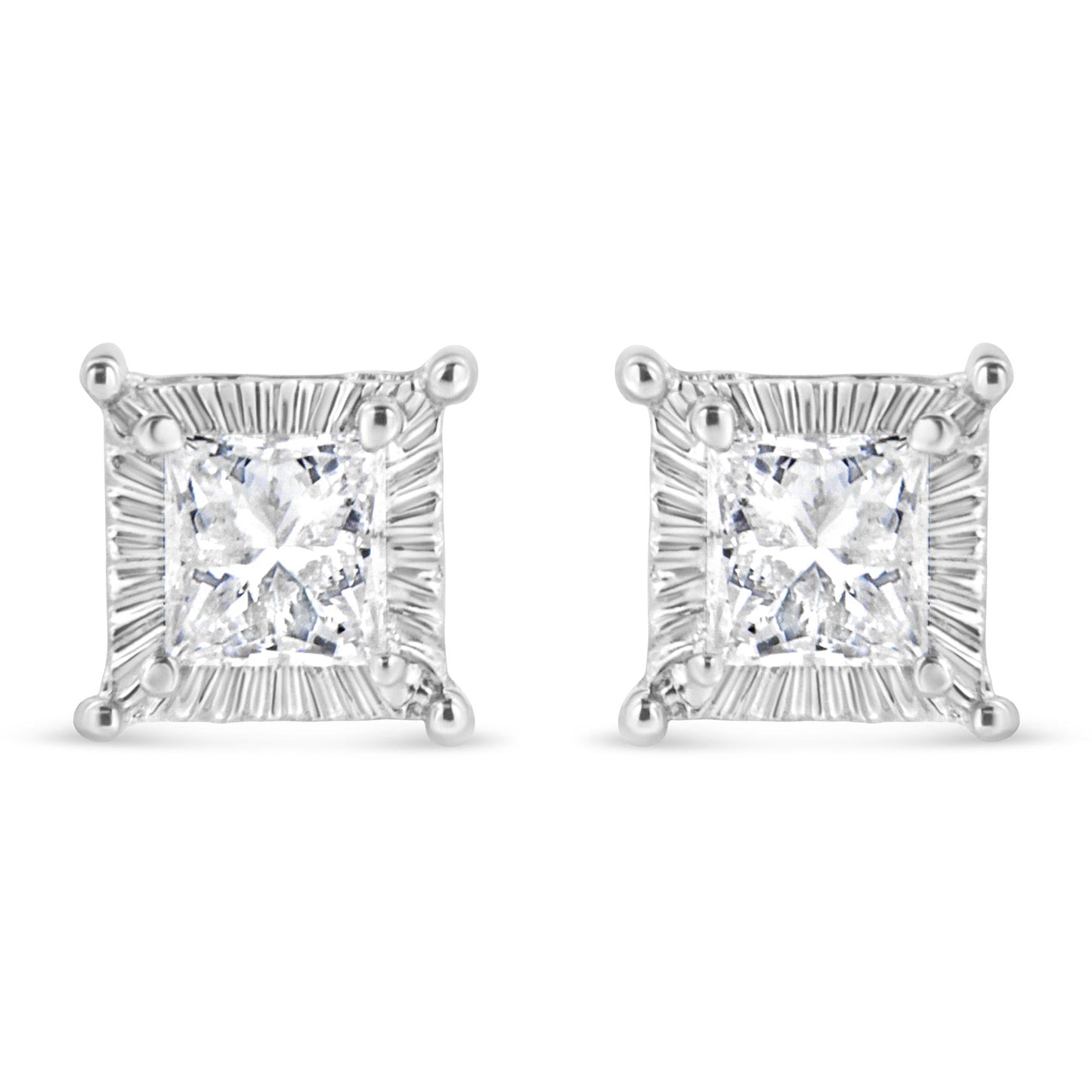 Front view of a pair of white metal square stud earrings featuring princess-shaped white gemstones with round white gemstones channel set around the edges.