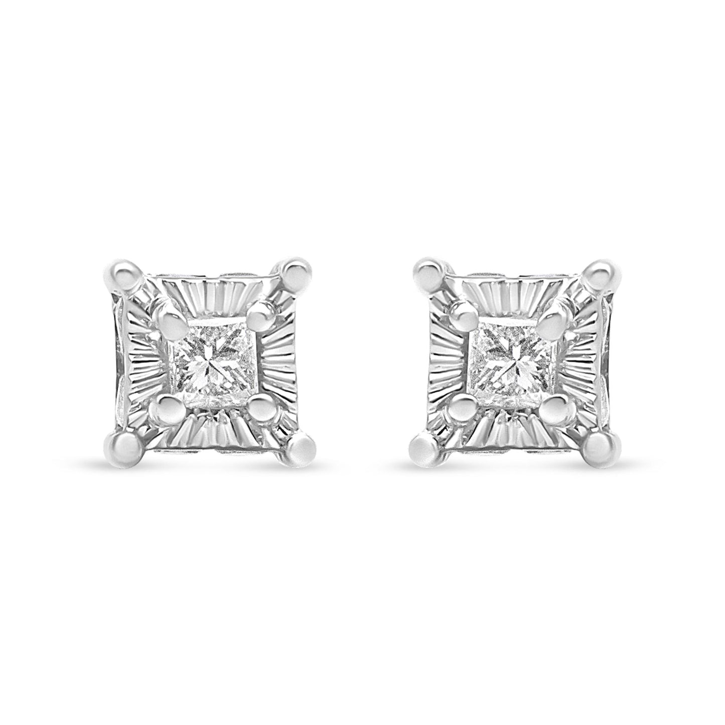 Front view of white metal stud earrings featuring square-shaped white gemstones with round white gemstones set around the edges.