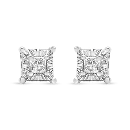 Front view of white metal stud earrings featuring square-shaped white gemstones with round white gemstones set around the edges.