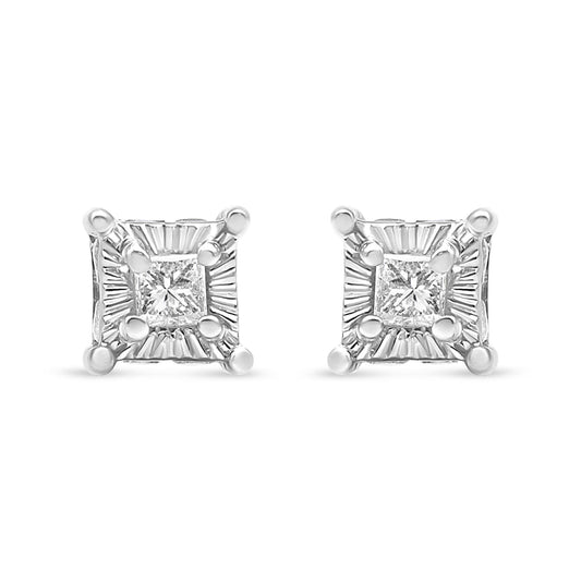 Front view of white metal stud earrings featuring square-shaped white gemstones with round white gemstones set around the edges.