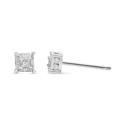 Close-up front and side view of a pair of white metal stud earrings featuring a square-shaped prong-set white gemstone at the center and round channel-set white gemstones on the side.