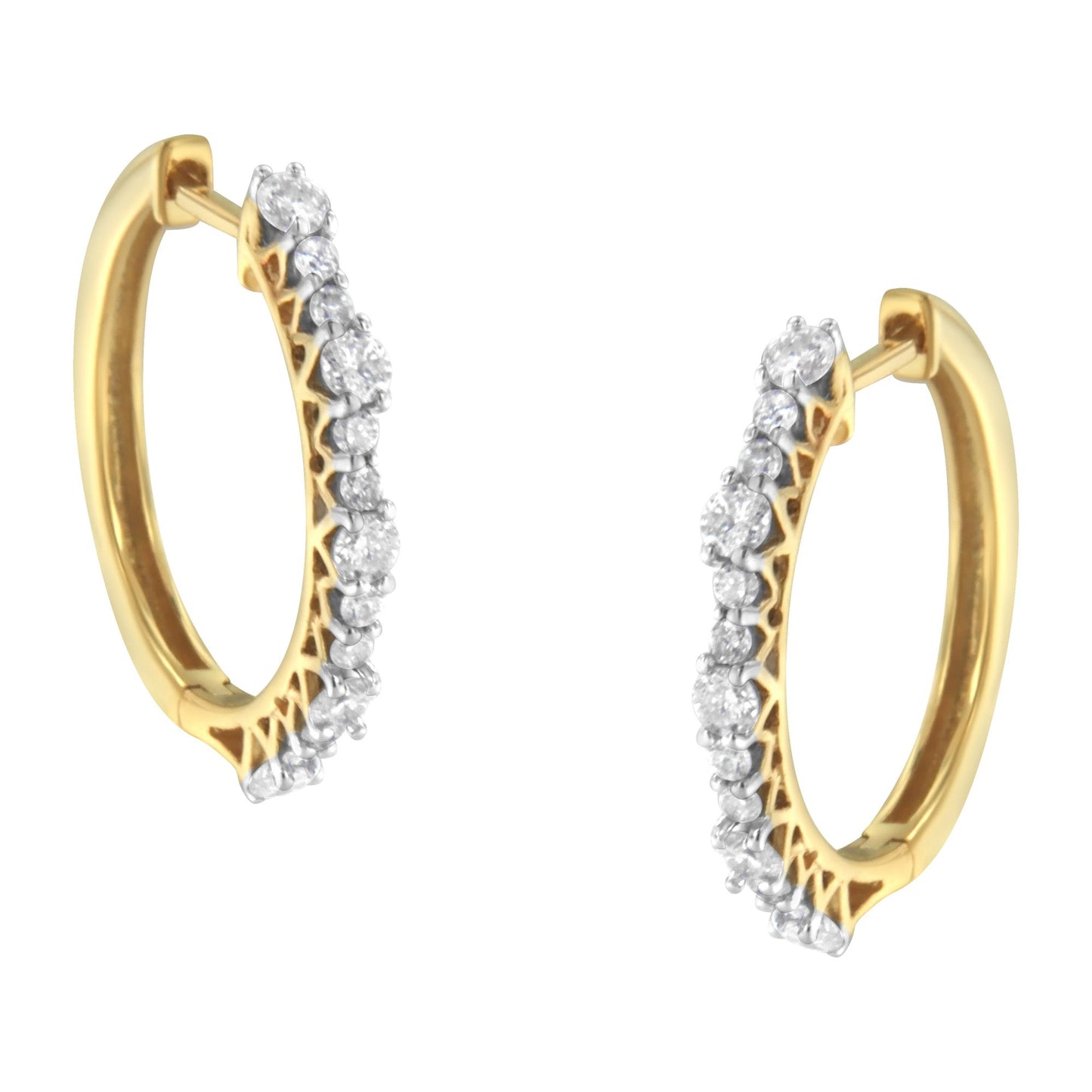Pair of yellow hoop earrings with prong-set round white gemstones, shown from a front angle.