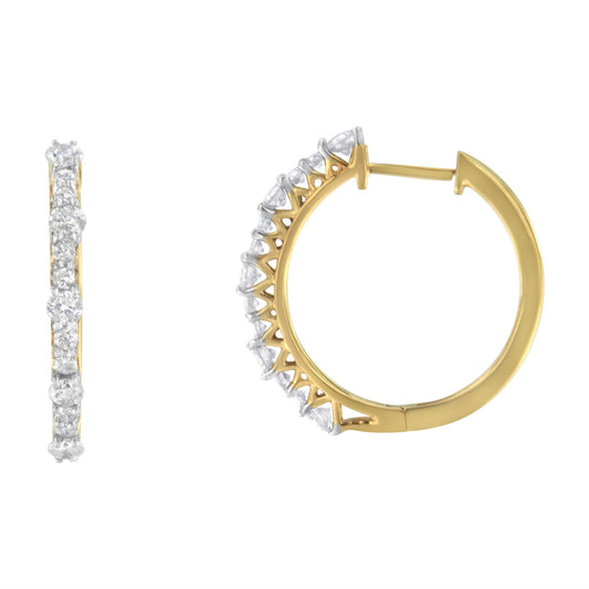 Front and side views of a yellow metal hoop earring with round white gemstones in prong settings along the outer edge, shown against a white background.