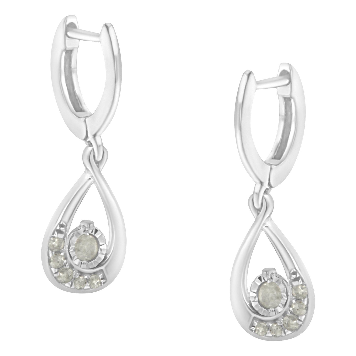 Front angle view of a pair of white metal earrings with a teardrop shape, featuring round white gemstones in a pave setting.