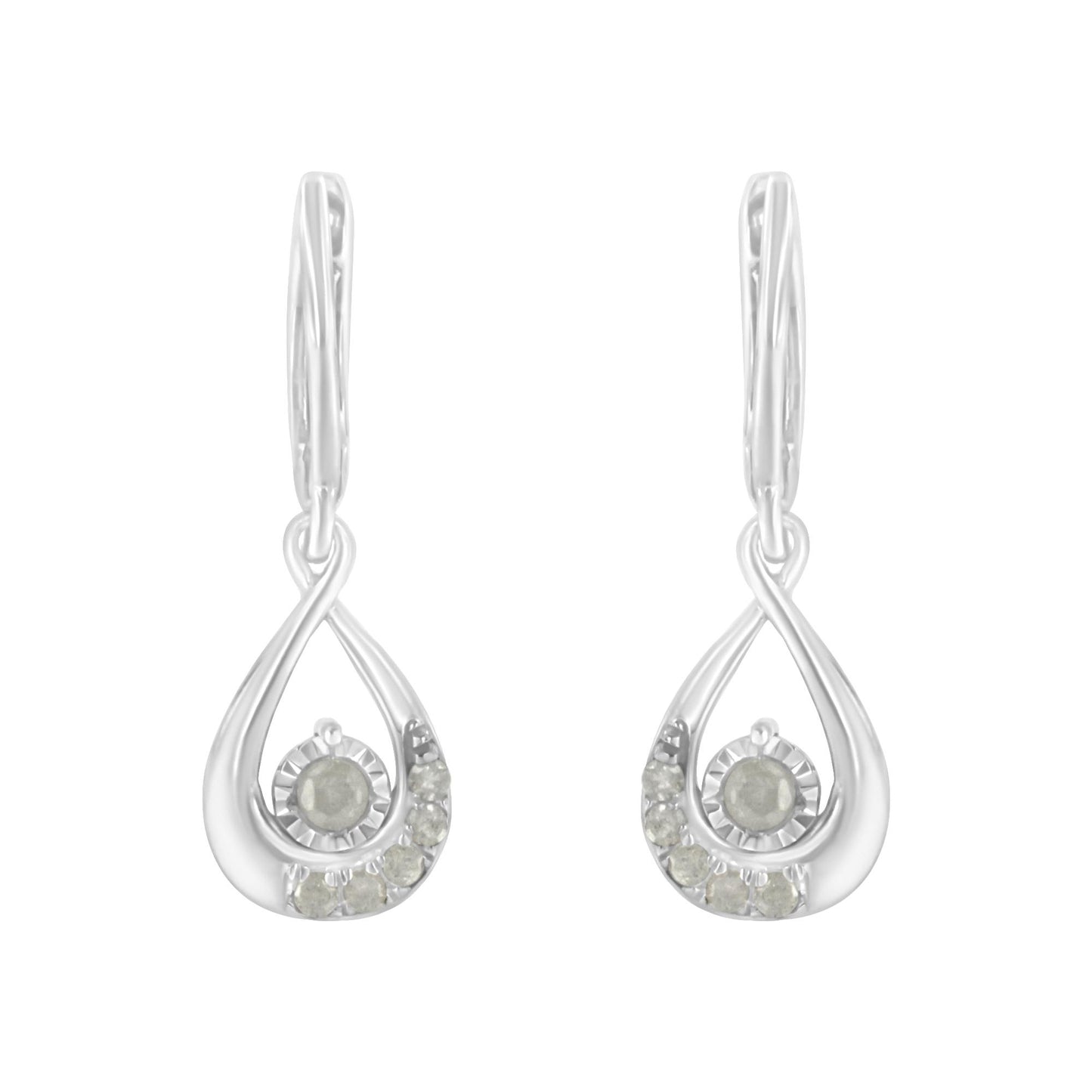 Front view of a pair of white metal drop earrings with round white gemstones in pave setting.