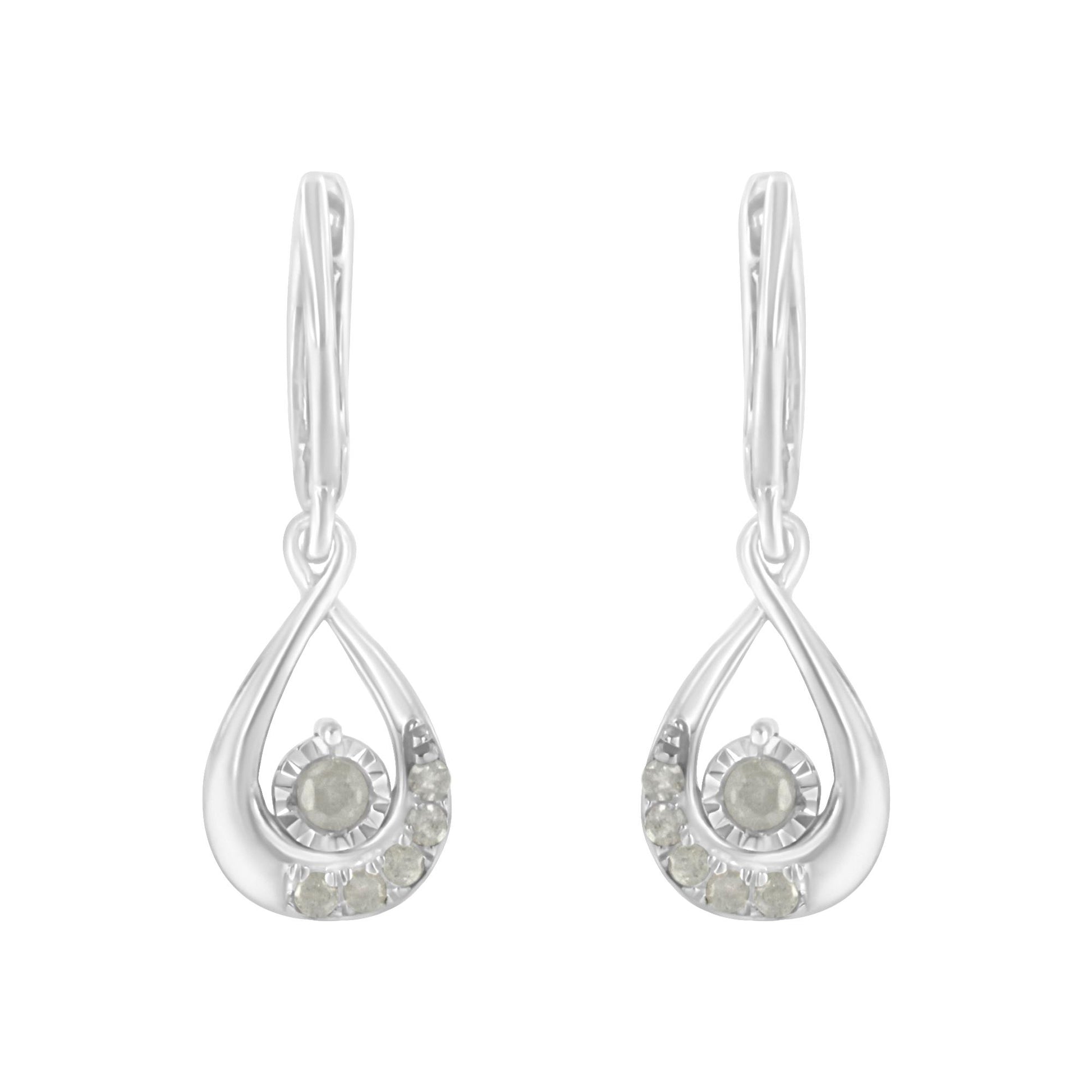 Front view of a pair of white metal drop earrings with round white gemstones in pave setting.