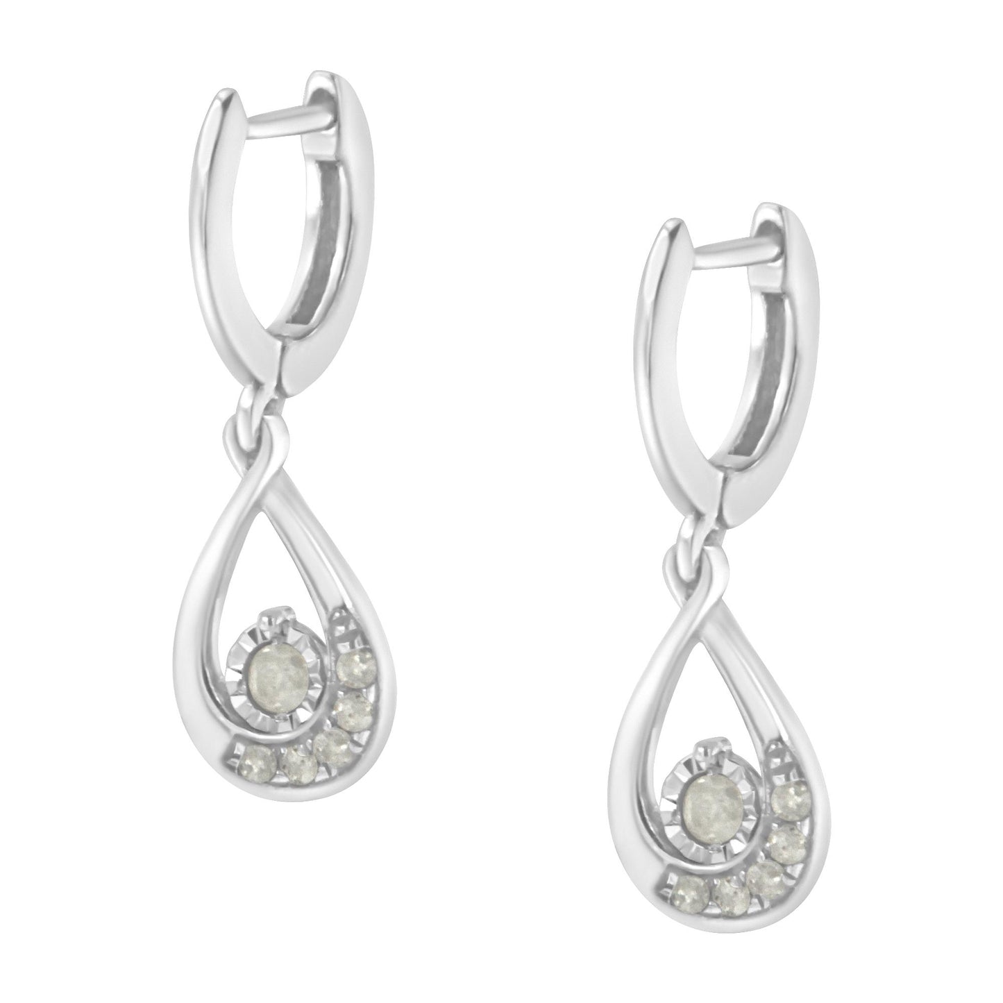 Front view of a pair of white metal drop earrings with a teardrop-shaped design featuring round white gemstones in a pave setting.