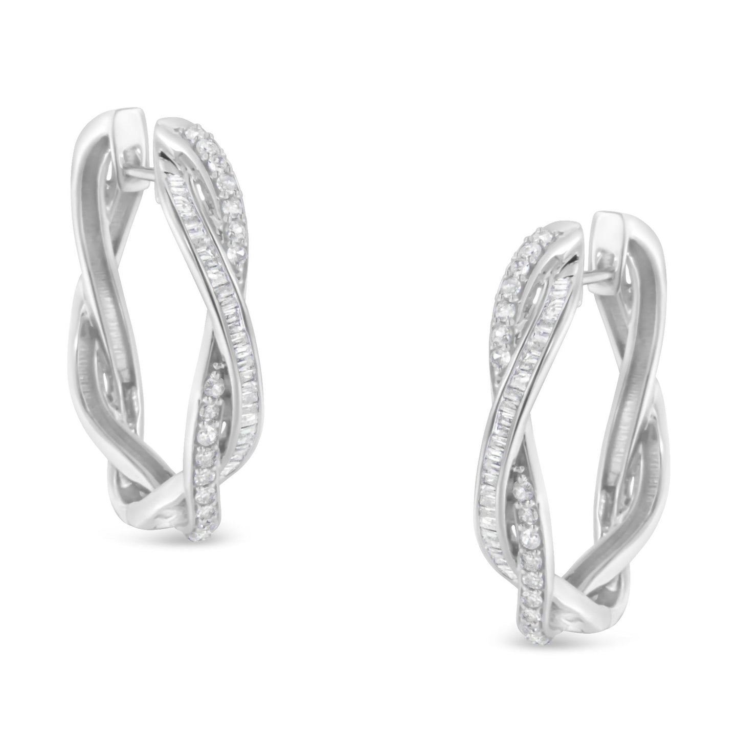 Front angle view of a pair of white metal earrings with intertwined bands featuring round prong-set and baguette channel-set white gemstones.