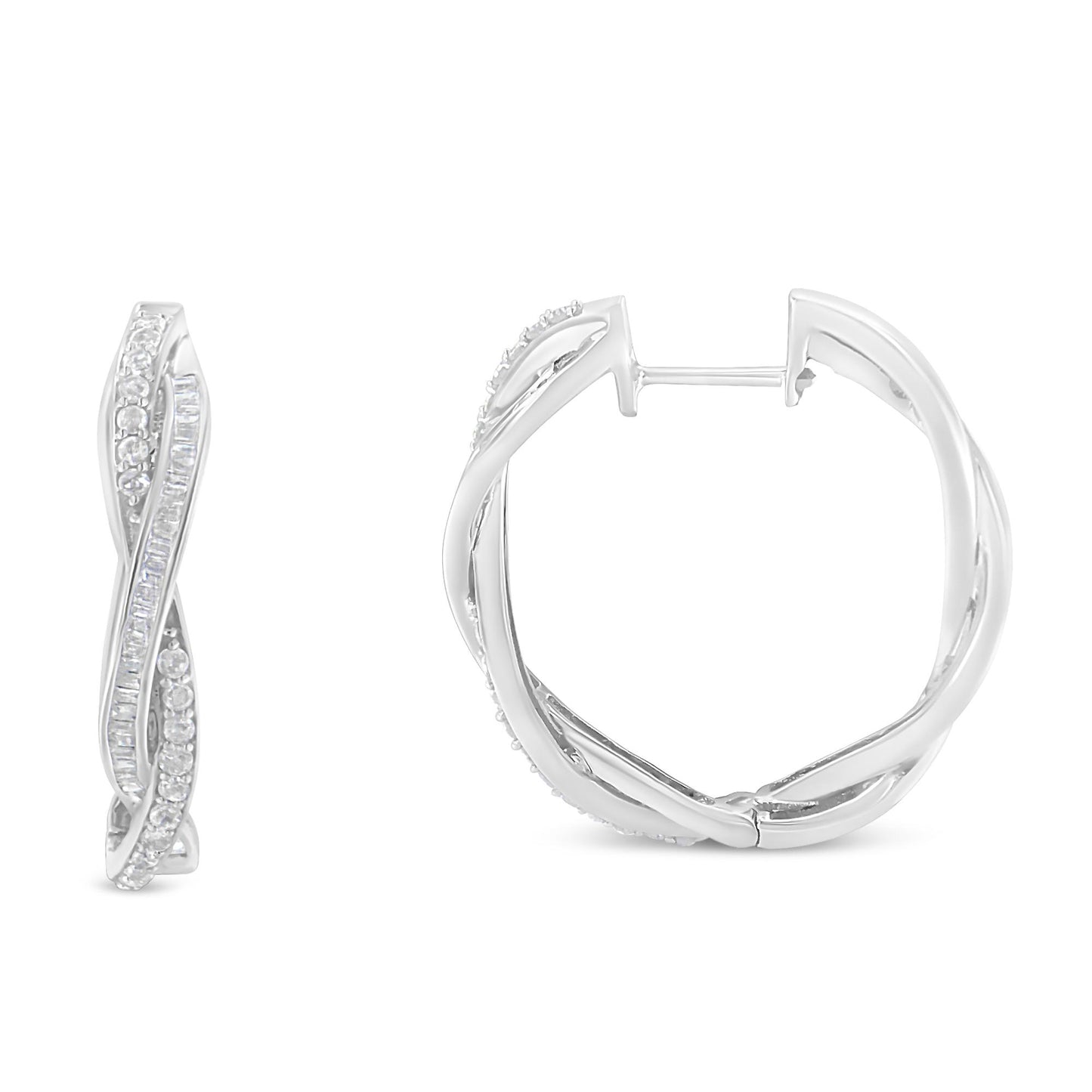 Front and side views of white metal hoop earrings with twisted design, featuring round white gemstones in prong setting and baguette white gemstones in channel setting, shown against a white background.