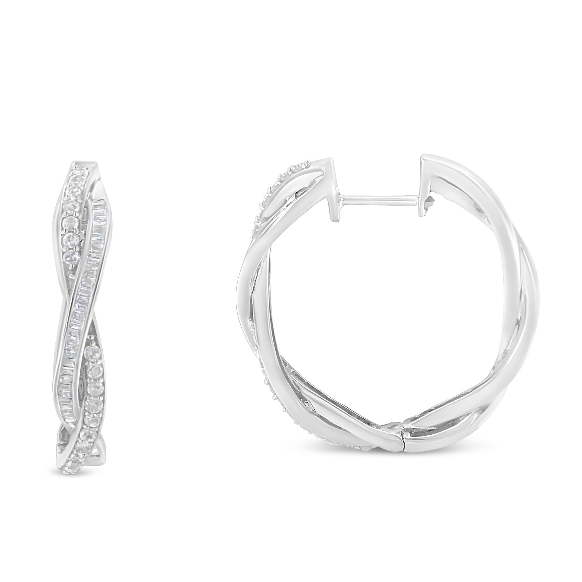 Front and side views of white metal hoop earrings with twisted design, featuring round white gemstones in prong setting and baguette white gemstones in channel setting, shown against a white background.
