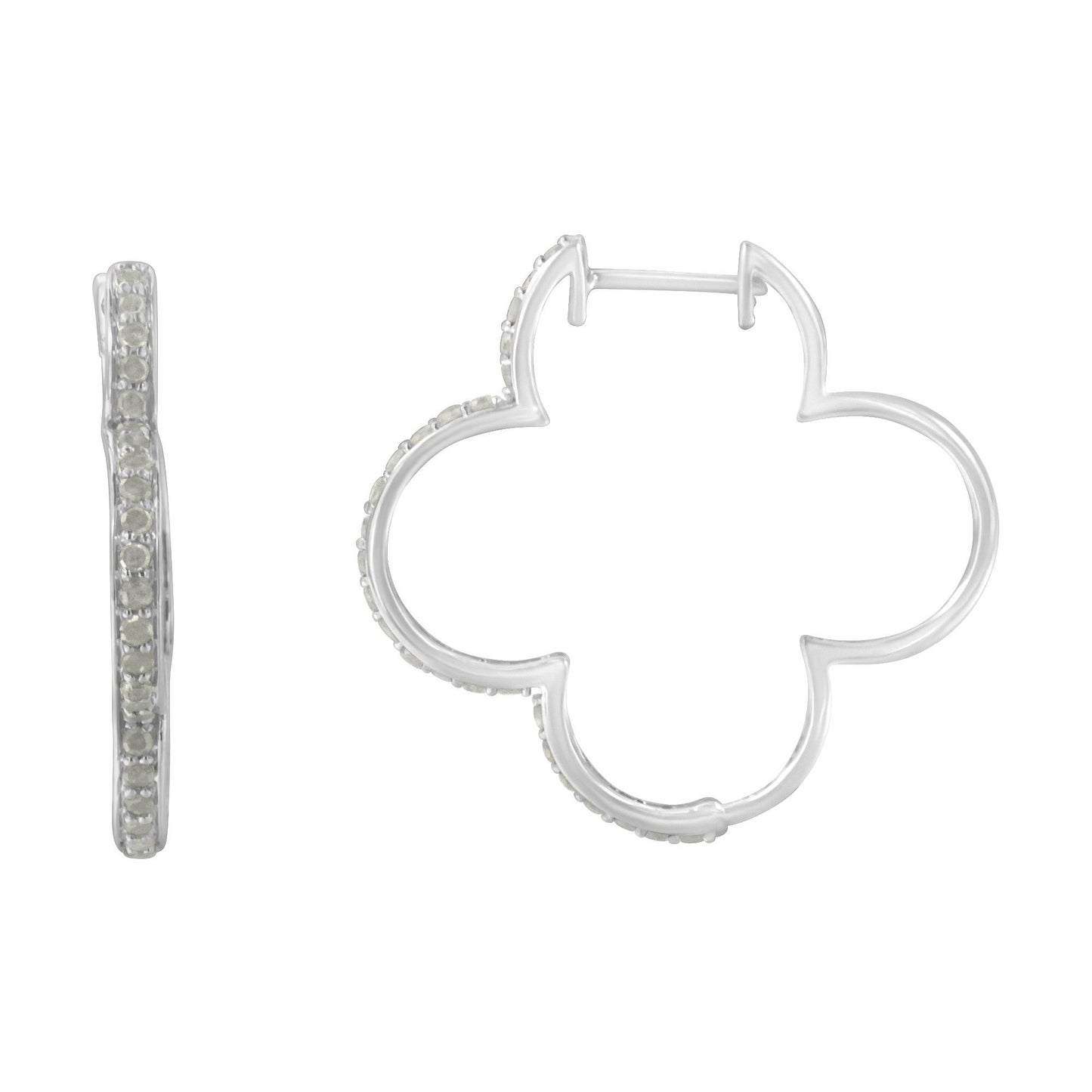 Pair of white metal earrings with a clover-like shape, each adorned with round white gemstones in prong settings, shown from side and front angles.