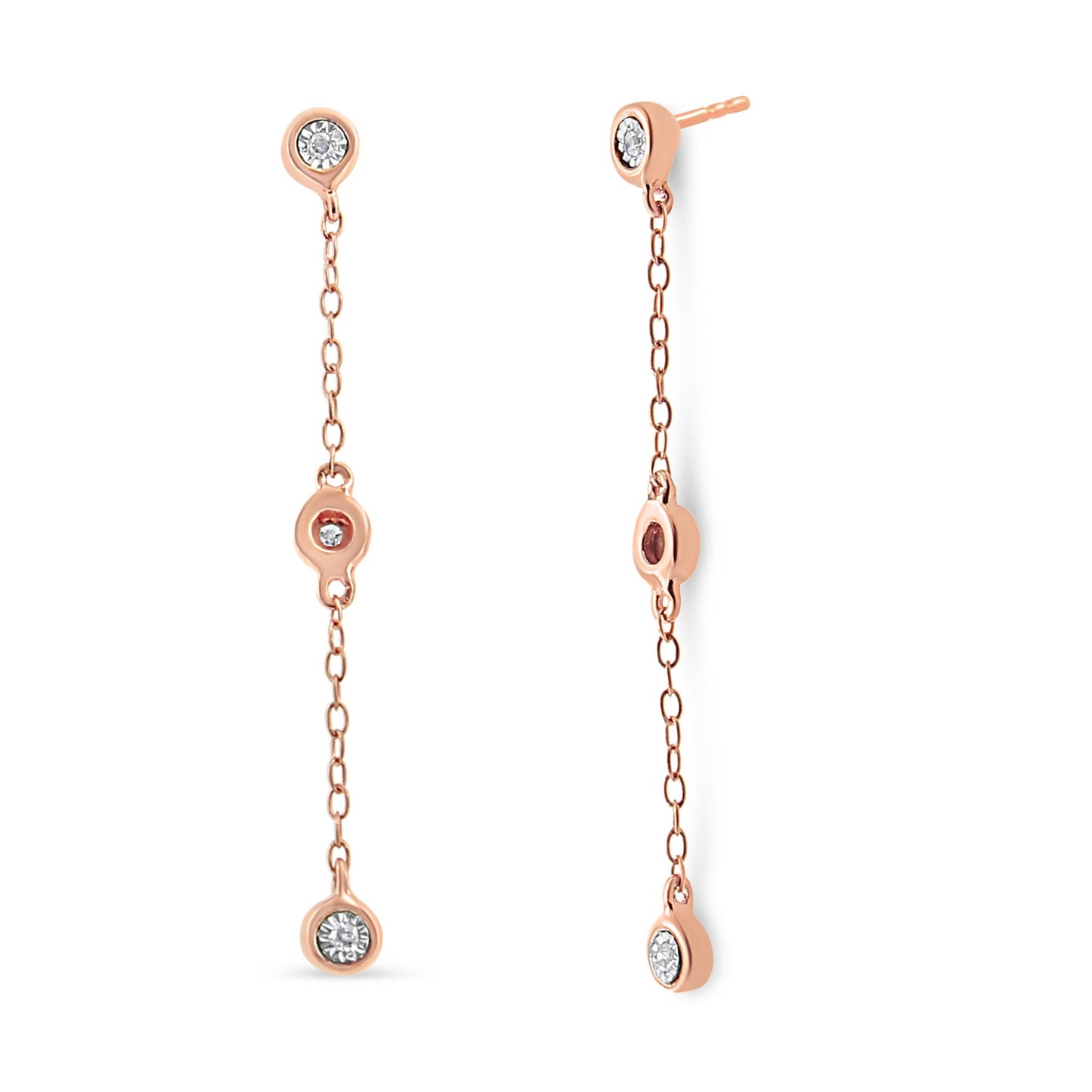 Rose metal long chain drop earrings with round white gemstones in a miracle setting, front and side views on a white background.