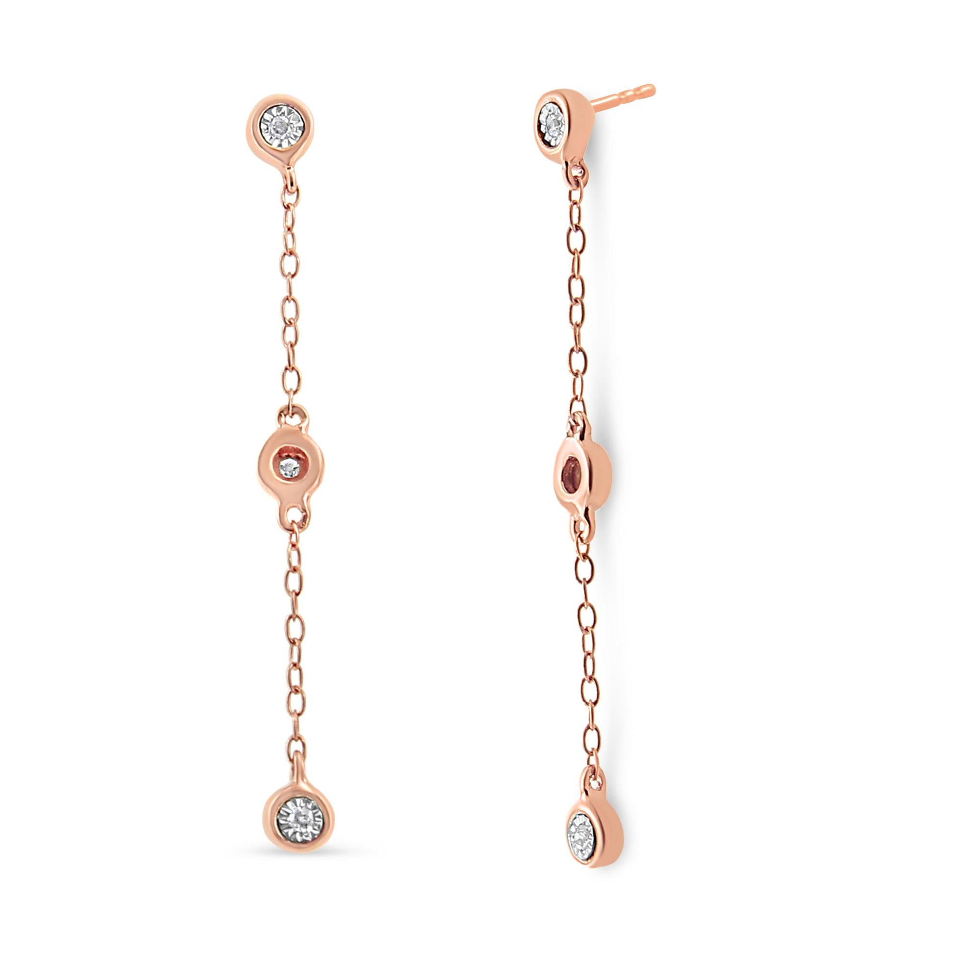 Rose metal long chain drop earrings with round white gemstones in a miracle setting, front and side views on a white background.