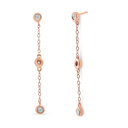 Rose metal long chain drop earrings with round white gemstones in a miracle setting, front and side views on a white background.
