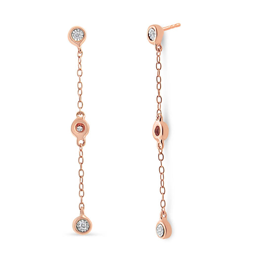 Rose metal long chain drop earrings with round white gemstones in a miracle setting, front and side views on a white background.