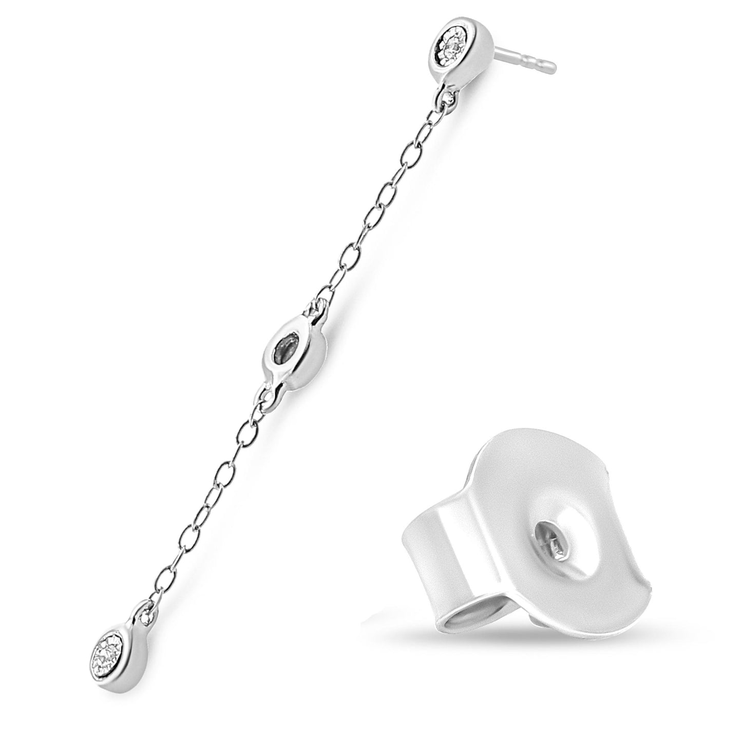 White metal dangle earring with round white gemstones in miracle setting, shown at an angled top-down view with earring back beside it.