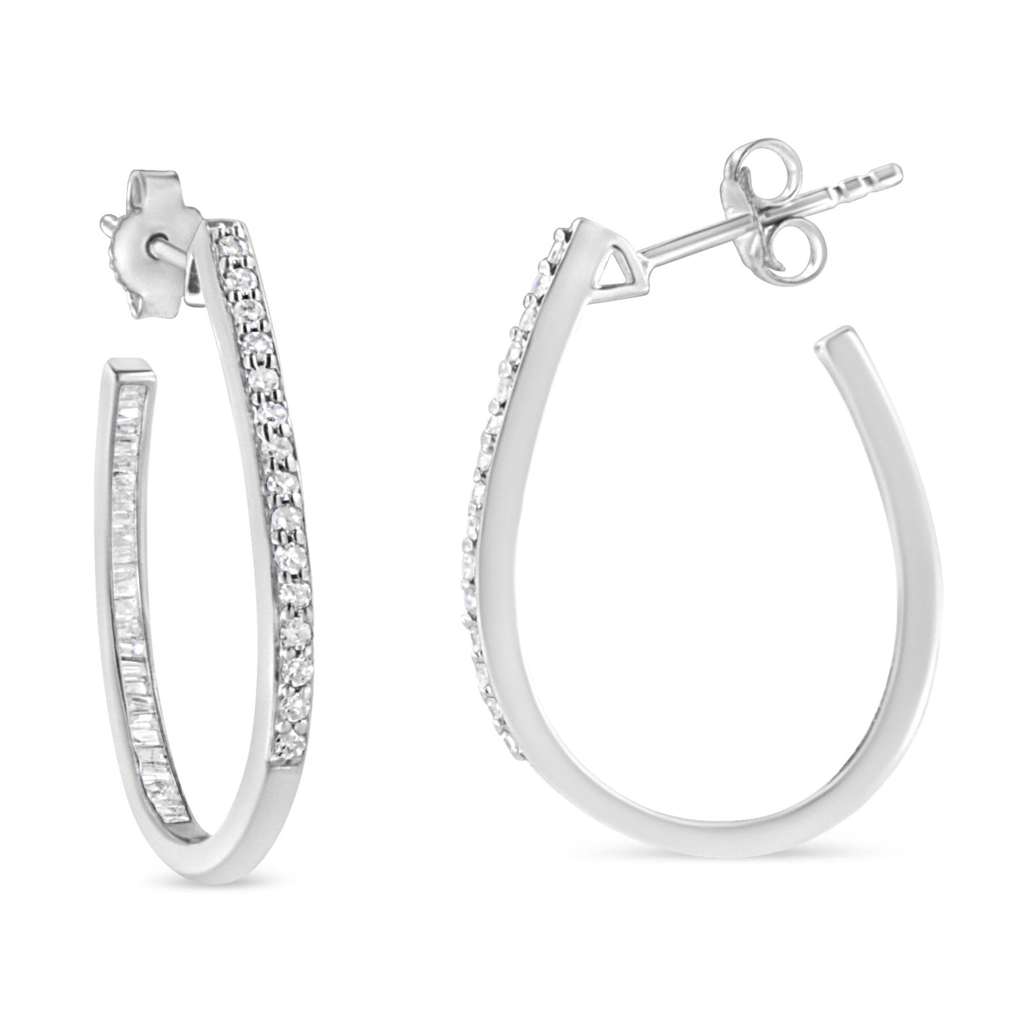 Close-up front and side view of white metal hoop earrings featuring round prong-set white gemstones on the front and baguette channel-set white gemstones on the inner side.