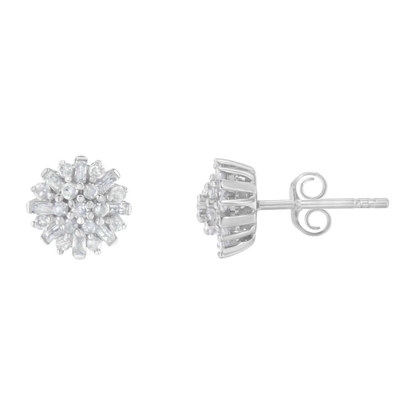 Pair of white metal stud earrings with round and baguette white gemstones, one shown from front and one from side angle.