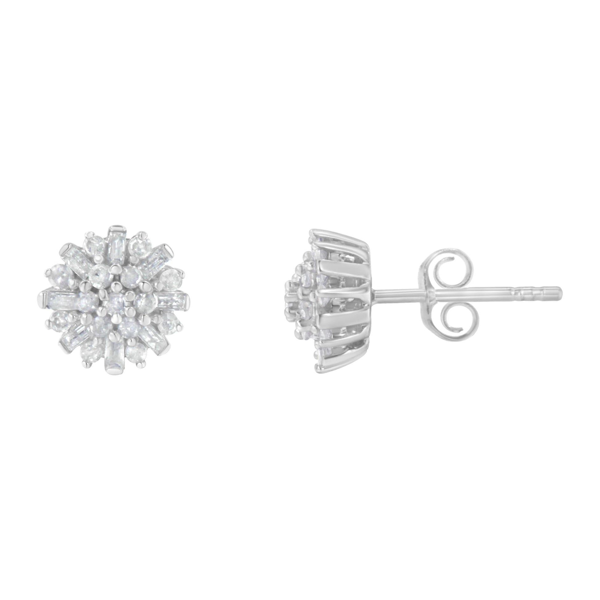 Pair of white metal stud earrings with round and baguette white gemstones, one shown from front and one from side angle.