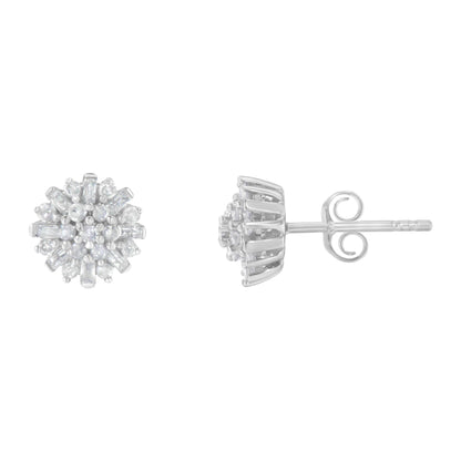 Pair of white metal stud earrings with round and baguette white gemstones, one shown from front and one from side angle.