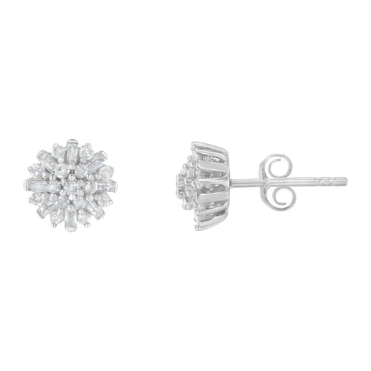 Pair of white metal stud earrings with round and baguette white gemstones, one shown from front and one from side angle.