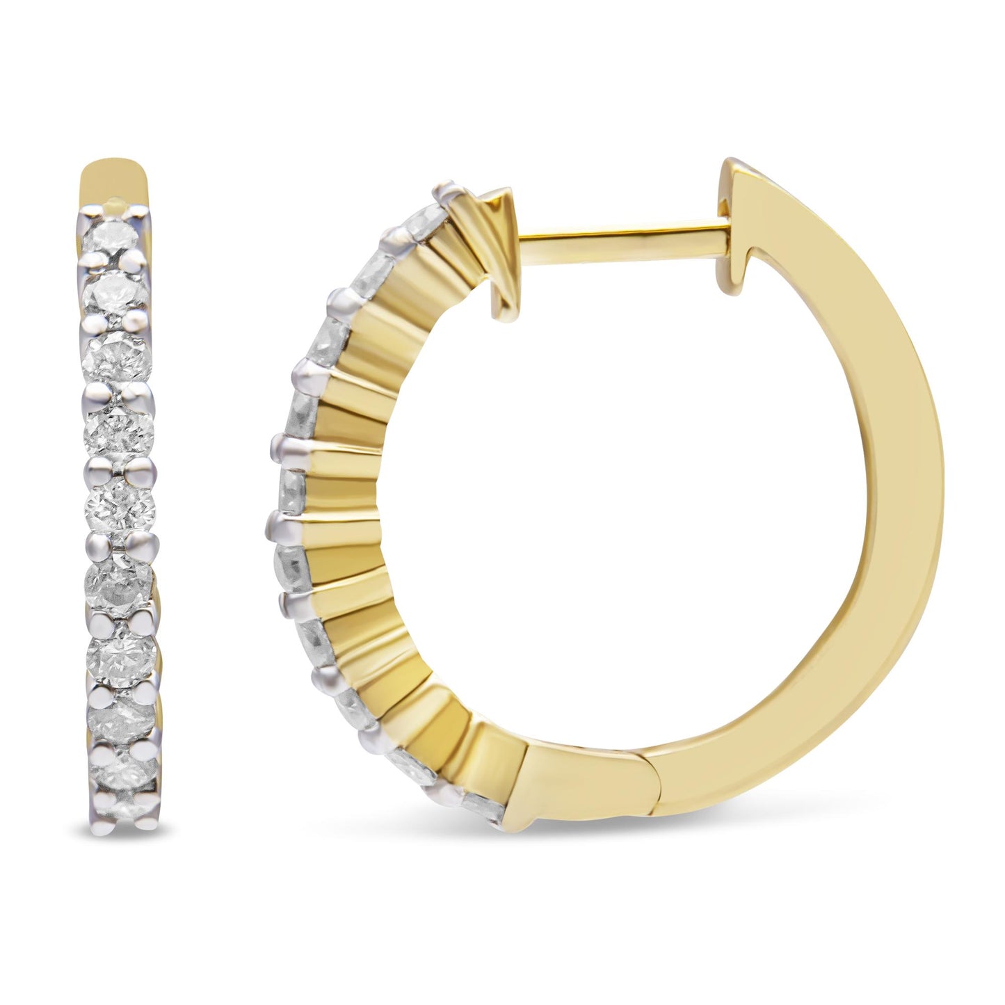 Close-up front and side view of yellow hoop earrings with prong-set round white gemstones along the outer edge.