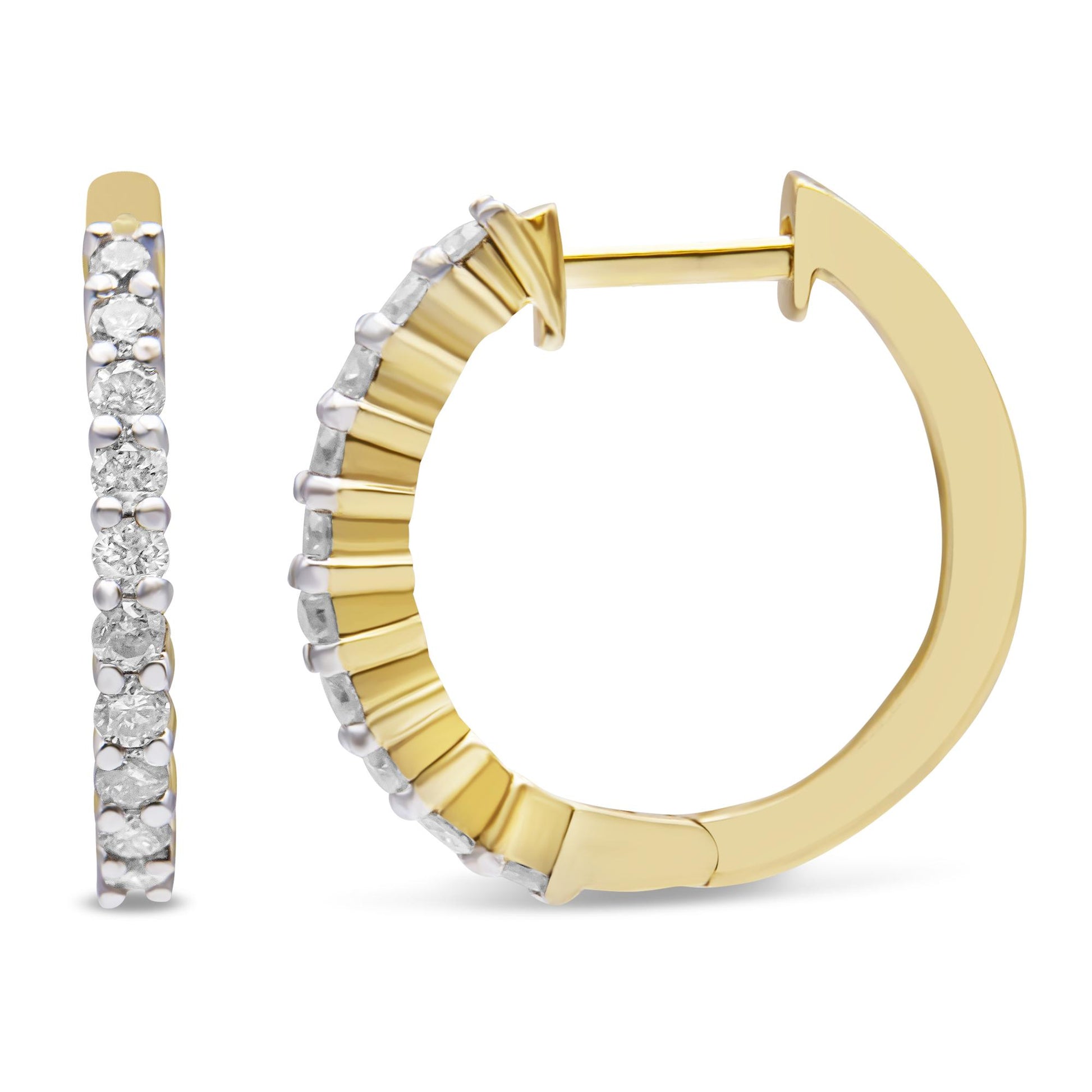 Close-up front and side view of yellow hoop earrings with prong-set round white gemstones along the outer edge.