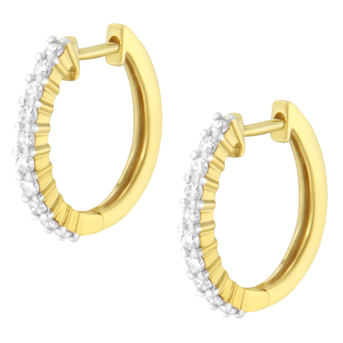 Pair of yellow hoop earrings adorned with round white gemstones in prong settings, shown at a front angle.
