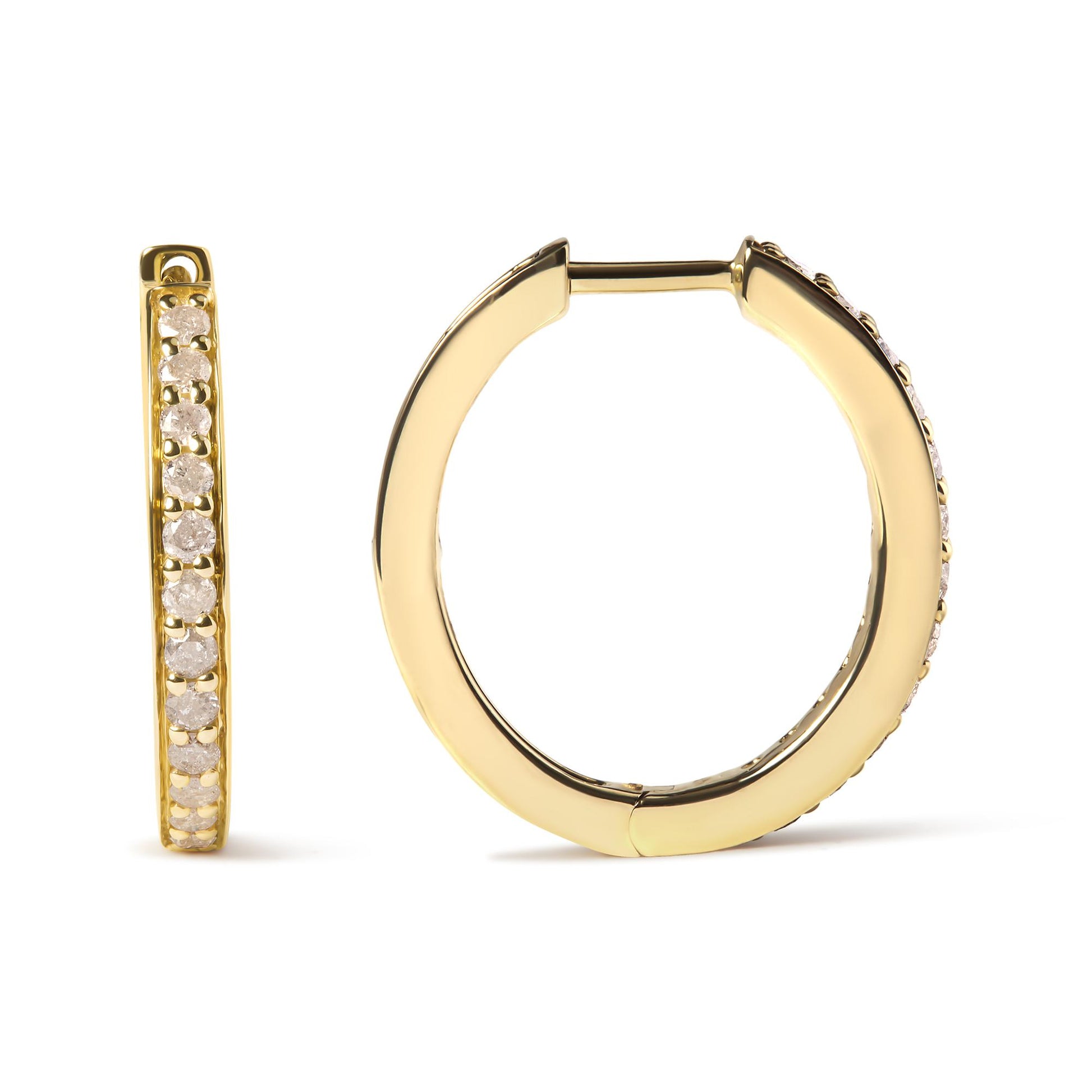 Yellow metal hoop earrings with prong-set round white gemstones, shown from front and side angles on a white background.