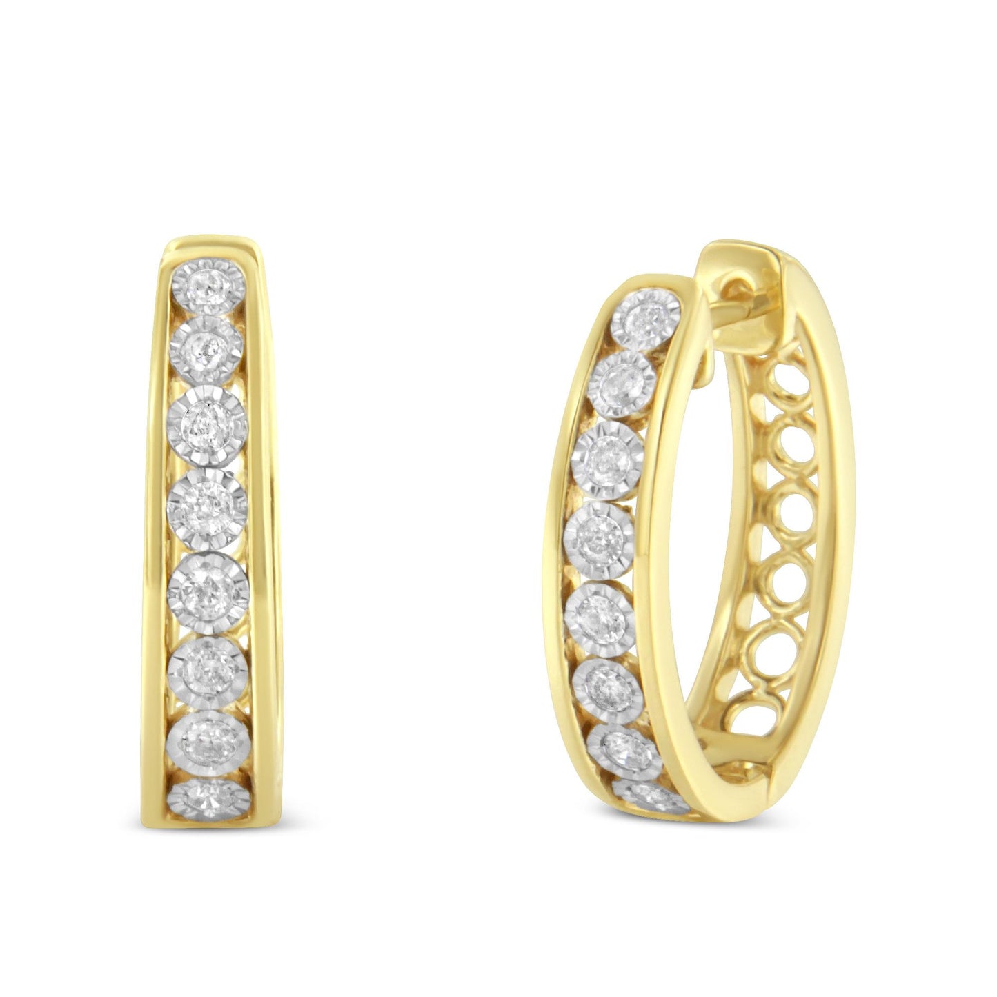 Two-toned hoop earrings set with round white gemstones in a miracle setting, shown from front and angled side views on a white background.