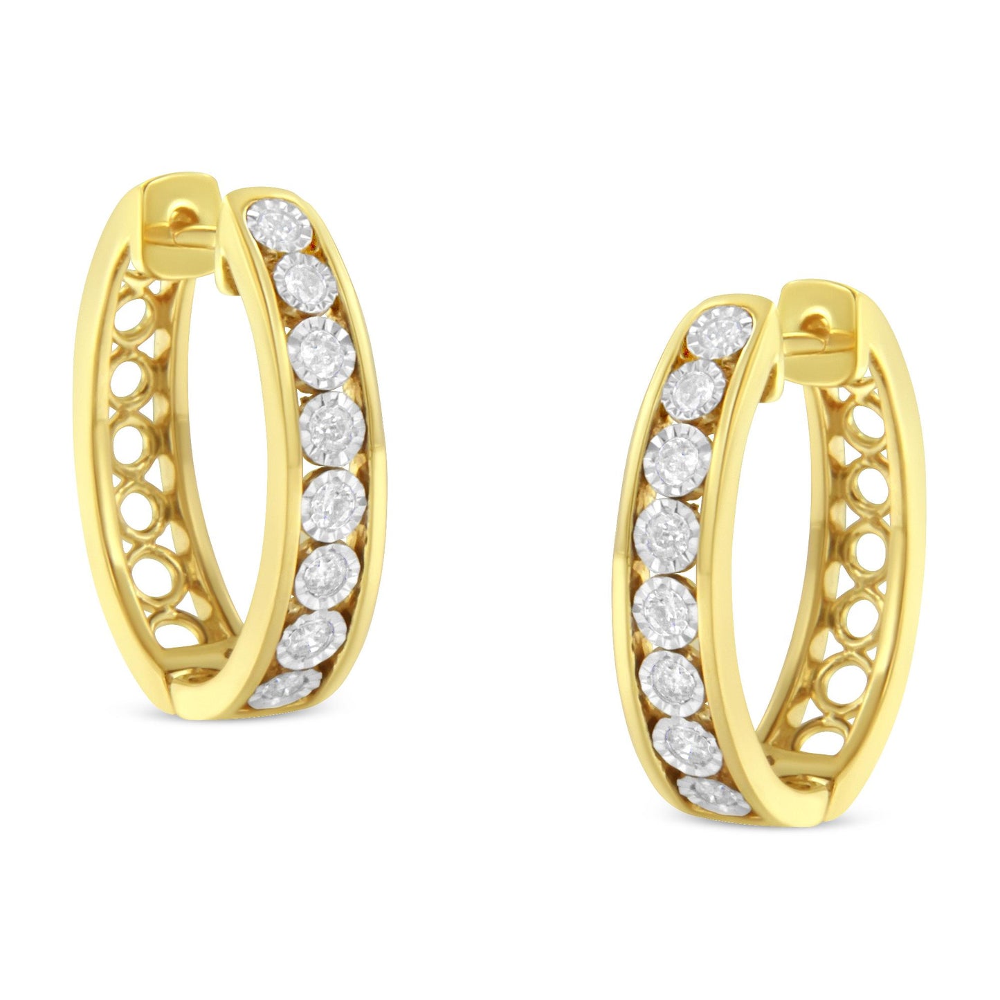 Front angled view of two-toned hoop earrings set with round white gemstones in a miracle setting along the front band.