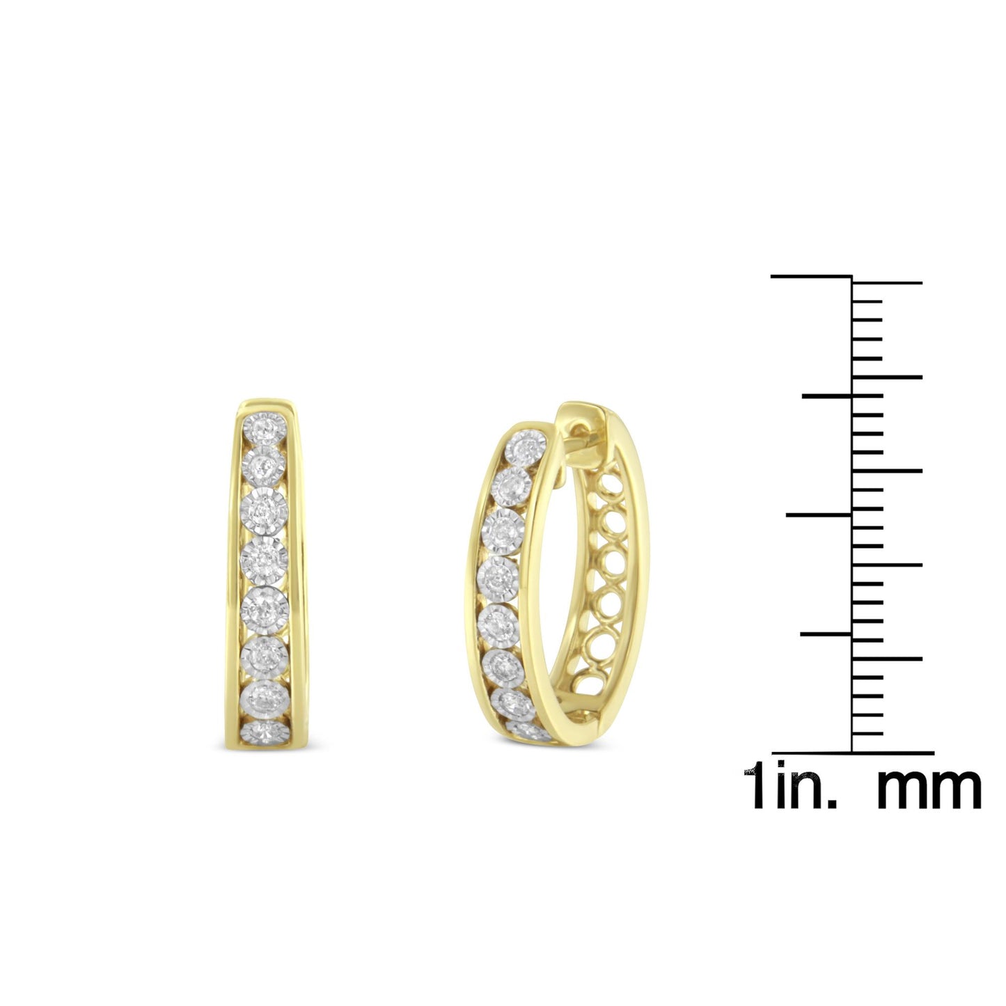Front and side view of two-toned hoop earrings with round white gemstones in miracle setting, shown next to a ruler for size reference.