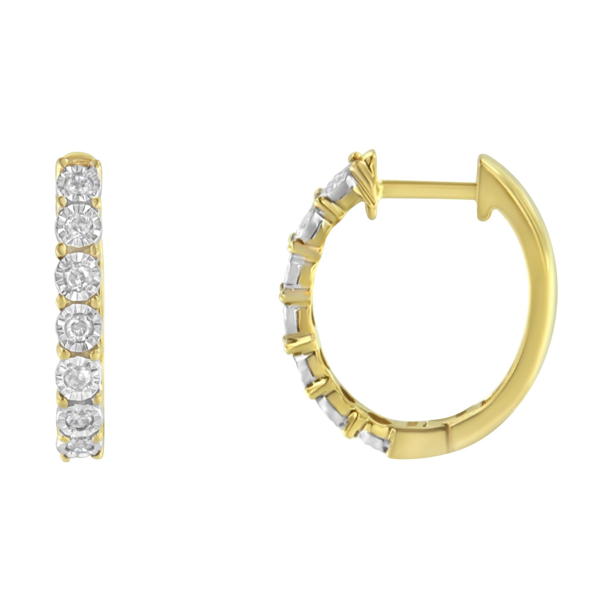 Two-toned hoop earrings with round white gemstones in miracle setting, shown from front and side angles.
