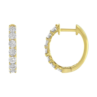 Two-toned hoop earrings with round white gemstones in miracle setting, shown from front and side angles.