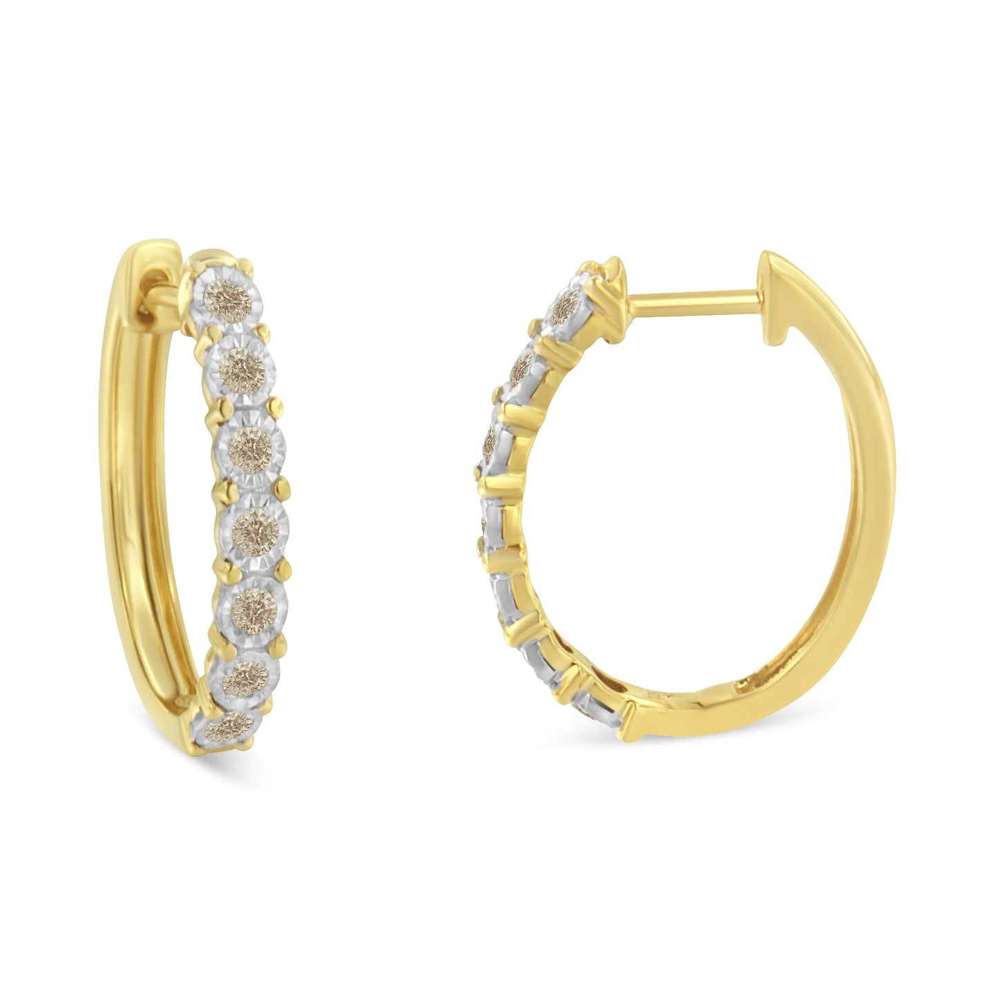 Front and side view of two-toned hoop earrings with round white gemstones set along the front side, shown on a white background.