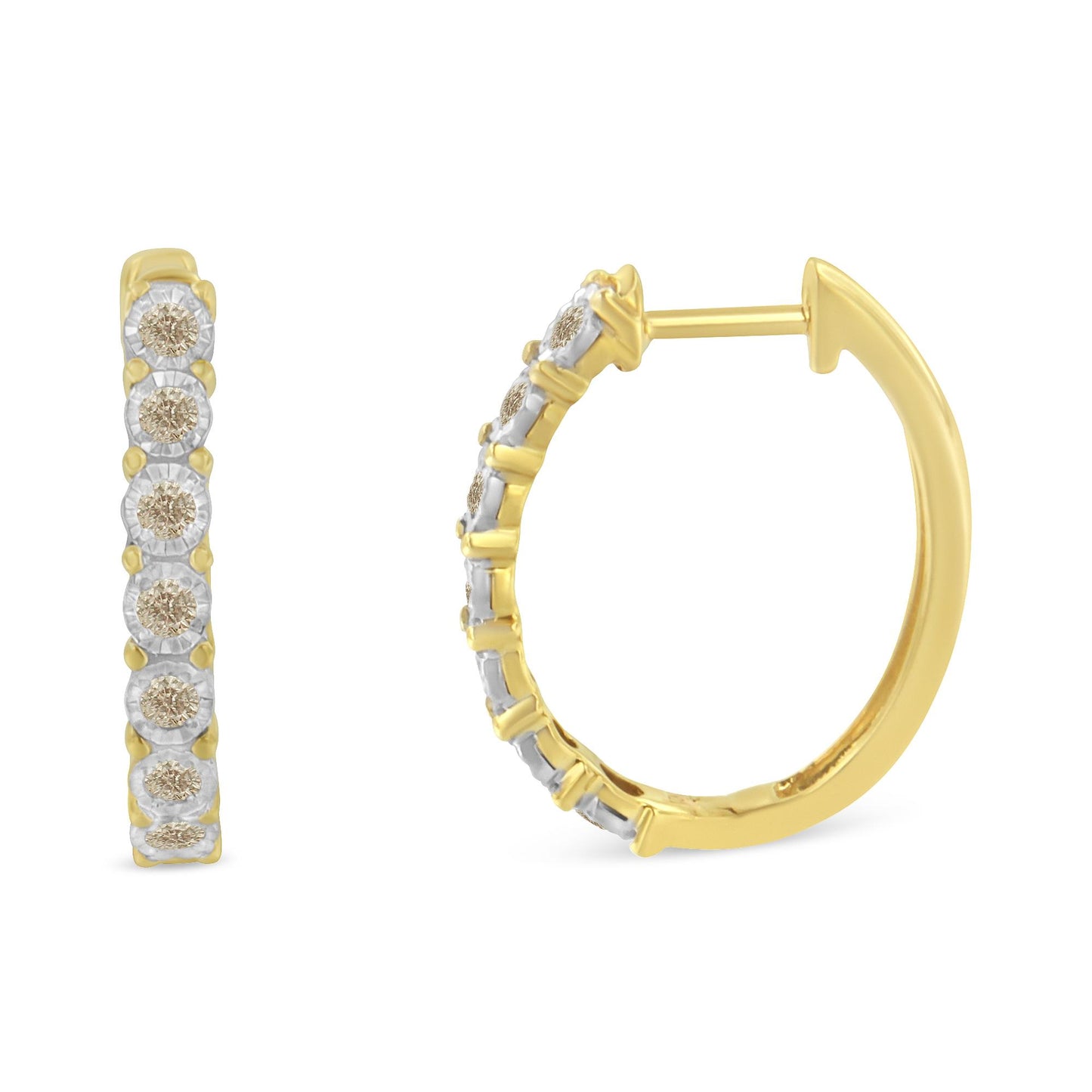 Front and side view of two-toned hoop earrings with round white gemstones in miracle setting, shot on a white background.