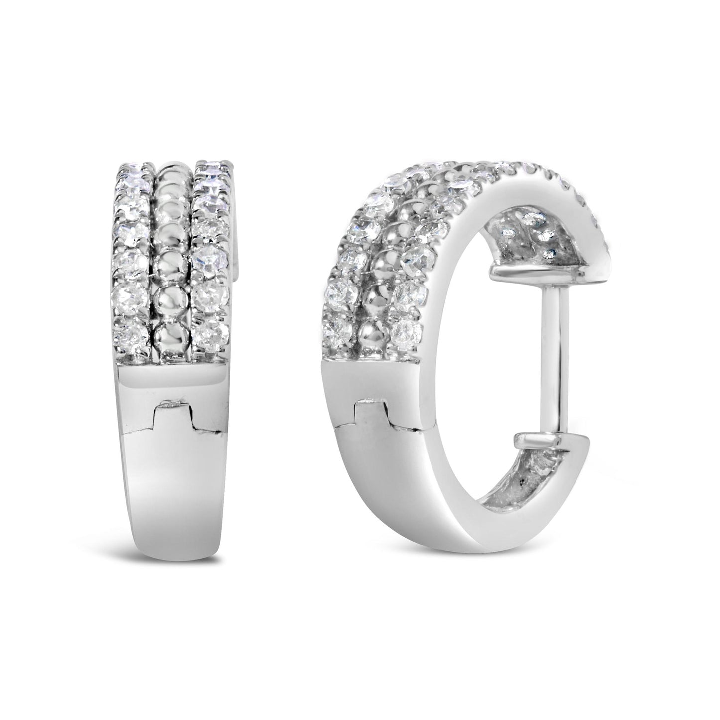 Front and angled view of a pair of white metal hoop earrings featuring two rows of round white gemstones in a pave setting.
