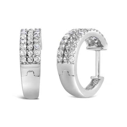 Front and angled view of a pair of white metal hoop earrings featuring two rows of round white gemstones in a pave setting.
