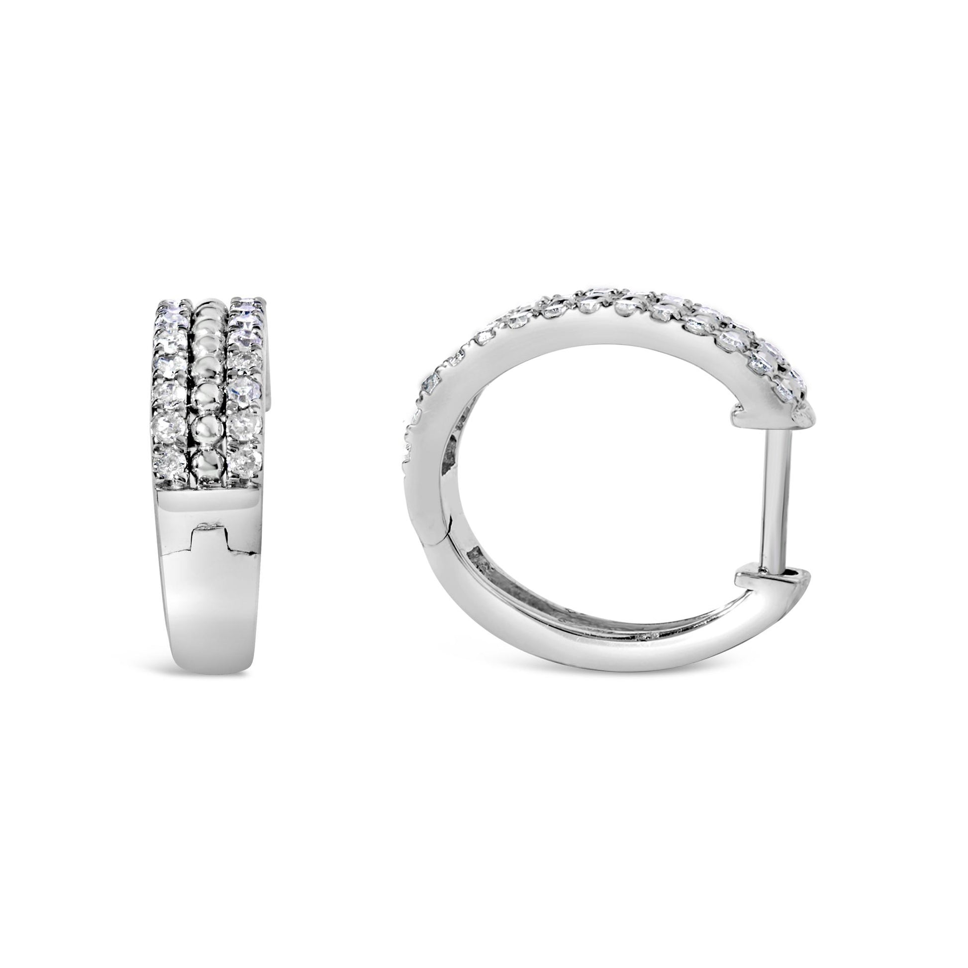 Front and side view of white metal hoop earrings with three rows of small round white gemstones in pave setting, shown on a white background.