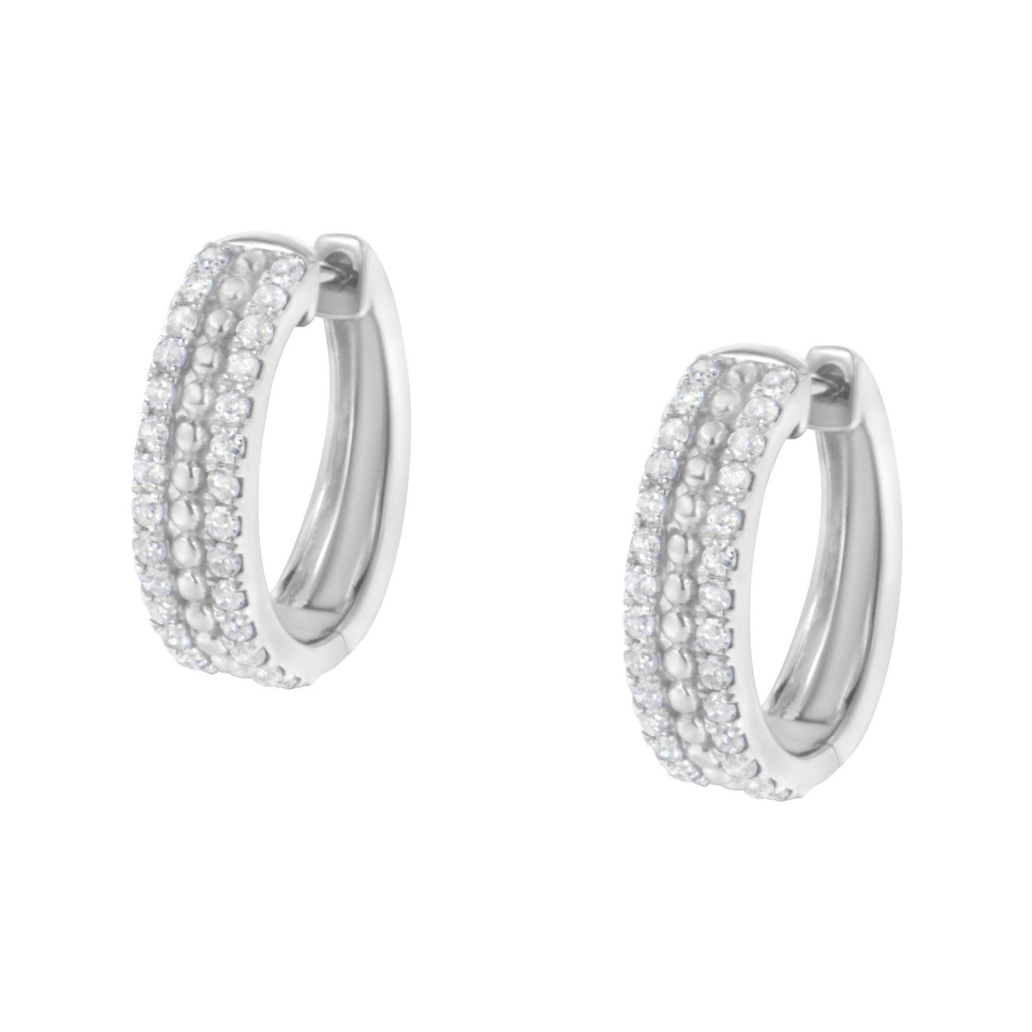 Pair of white metal hoop earrings with multiple rows of pave-set round white gemstones, shown from a front angle.