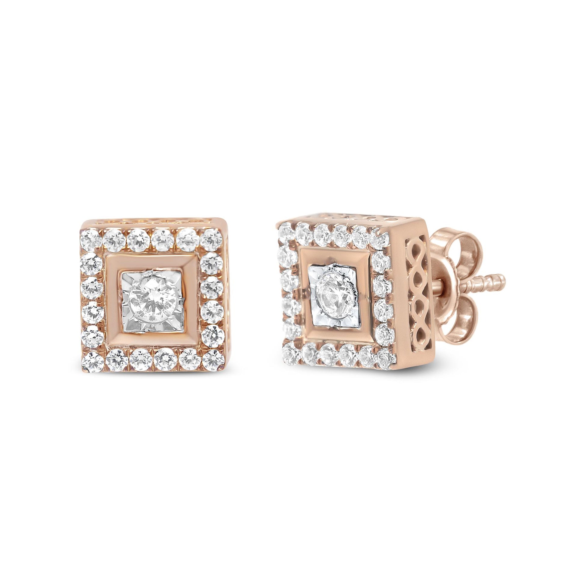 Close-up front and side view of square-shaped rose metal stud earrings with a central white gemstone in a miracle setting, surrounded by smaller white gemstones in prong settings.