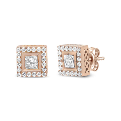 Close-up front and side view of square-shaped rose metal stud earrings with a central white gemstone in a miracle setting, surrounded by smaller white gemstones in prong settings.