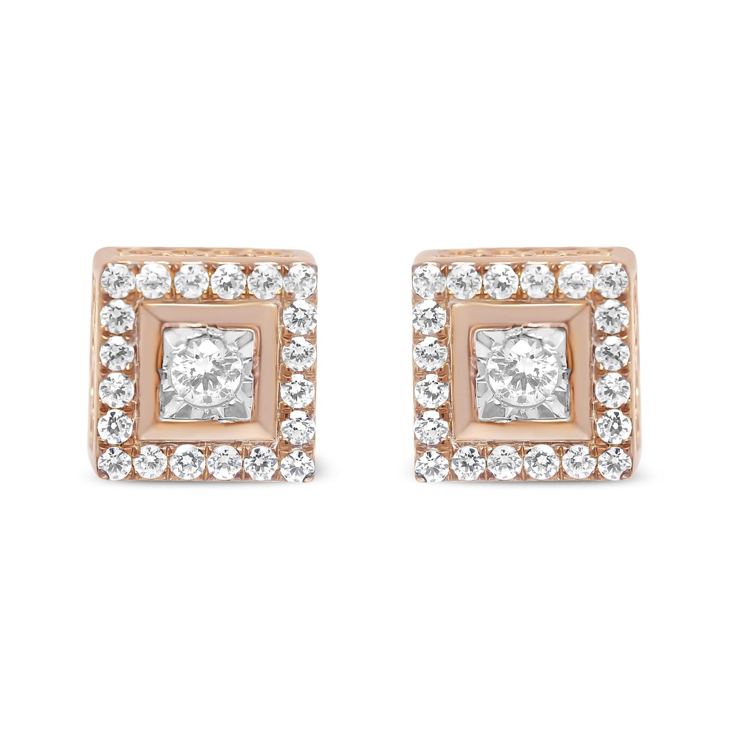 Front-facing close-up of rose-colored square earrings with a central round white gemstone in a unique setting, surrounded by smaller round white gemstones in prong settings.