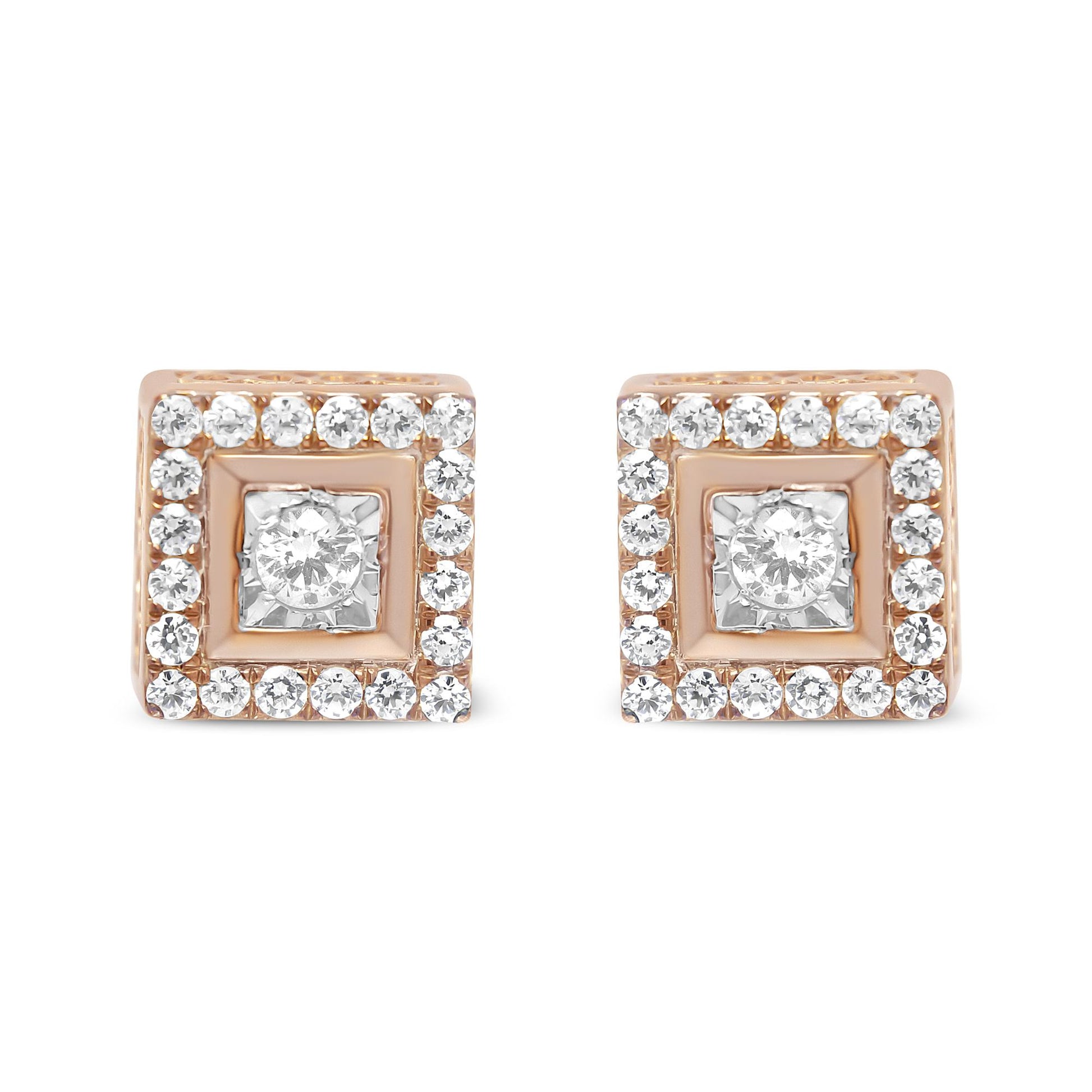 Front-facing close-up of rose-colored square earrings with a central round white gemstone in a unique setting, surrounded by smaller round white gemstones in prong settings.