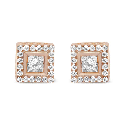 Front-facing close-up of rose-colored square earrings with a central round white gemstone in a unique setting, surrounded by smaller round white gemstones in prong settings.